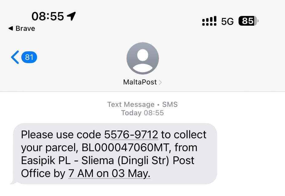 SMS from MaltaPost with an EasiPik collection PIN and locker address